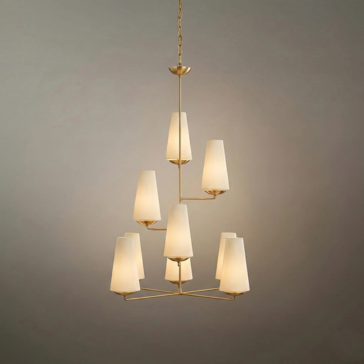 Modern Tiered Chandelier — Copper Frame & Linen Shades